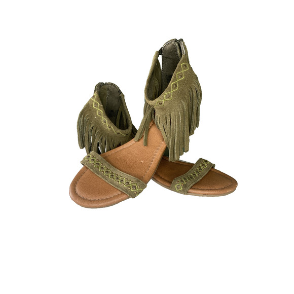 Minnetonka Womens Wedge Sandals Size 7 Green Suede Fringe Western Festival - Picture 2 of 12